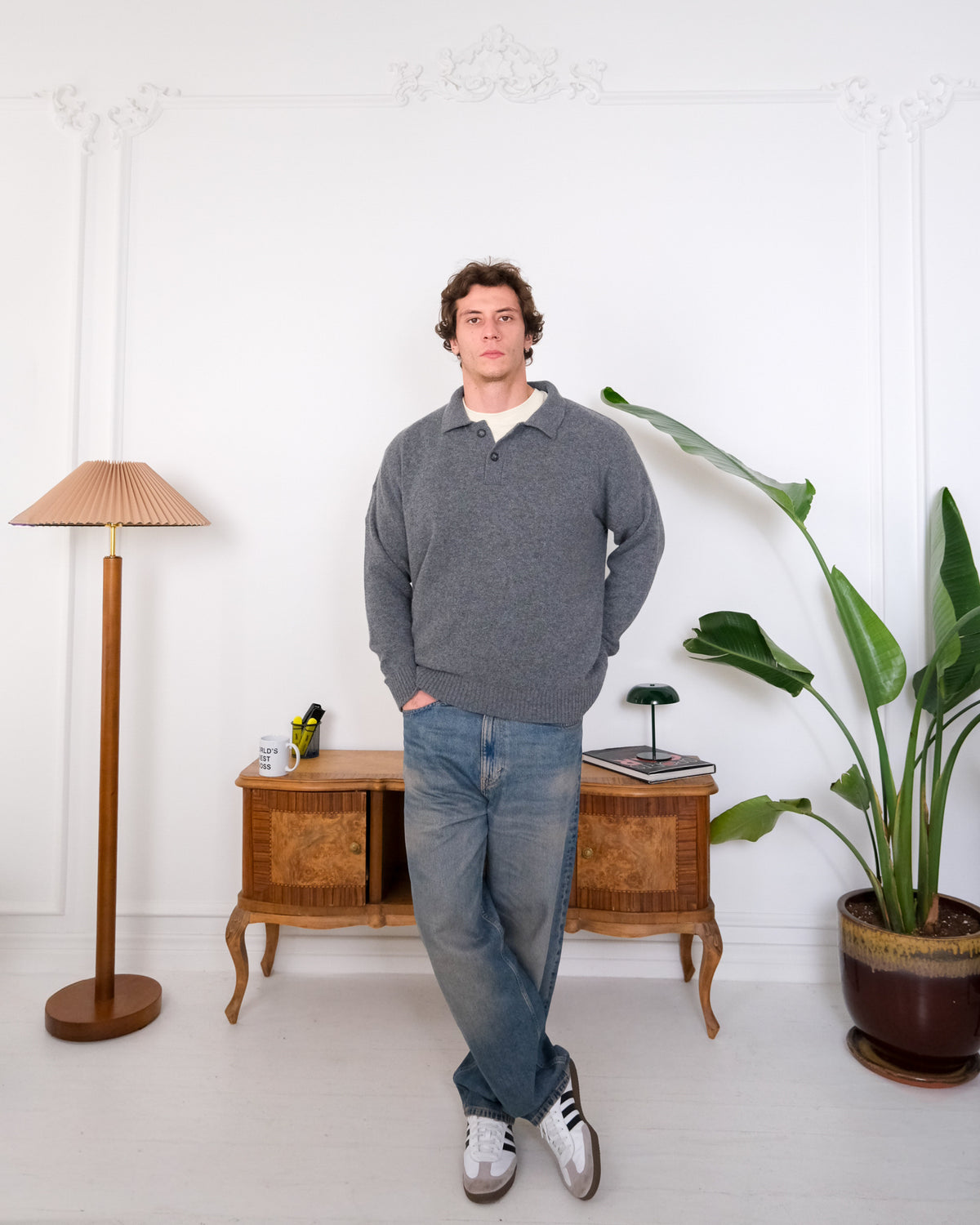 Cashmere Blend Knit Polo – Gray