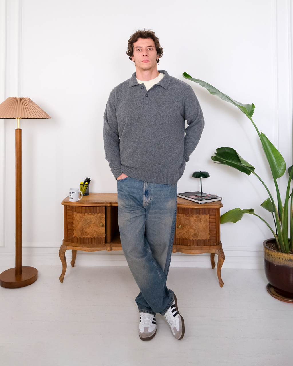 Cashmere Blend Knit Polo – Gray