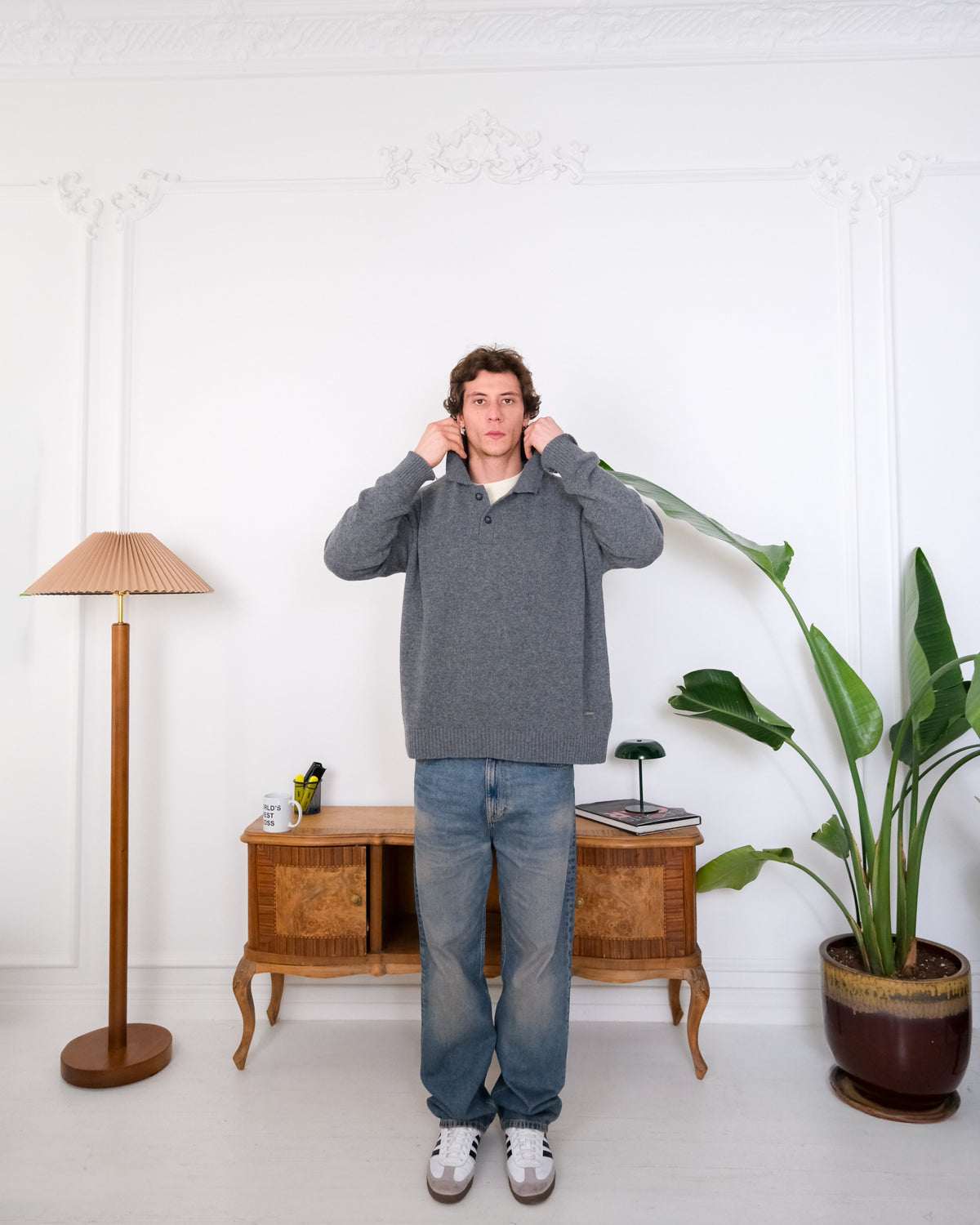 Cashmere Blend Knit Polo – Gray