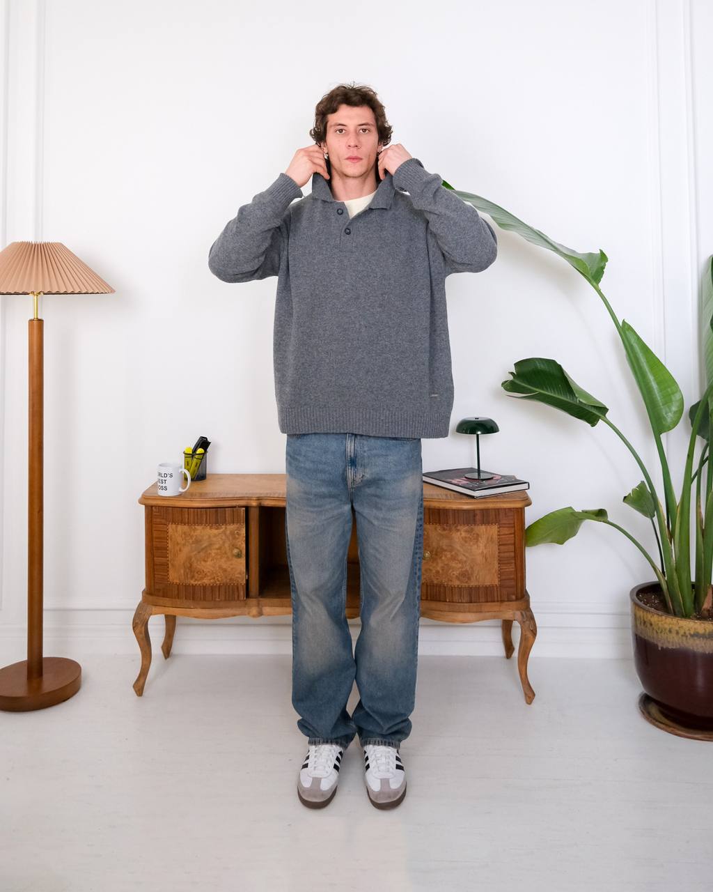 Cashmere Blend Knit Polo – Gray